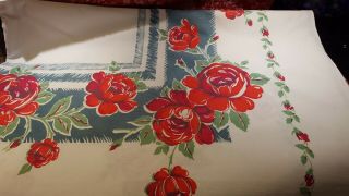 Vintage Tablecloth,  Heavy Cotton,  Large Red Flowers,