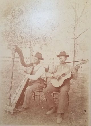 C1910 2 Men Playing Harp And Guitar Matted Photo Rural Musicians Folk