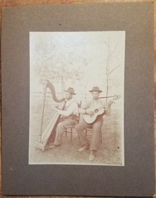 c1910 2 Men Playing Harp and Guitar Matted Photo Rural Musicians Folk 2