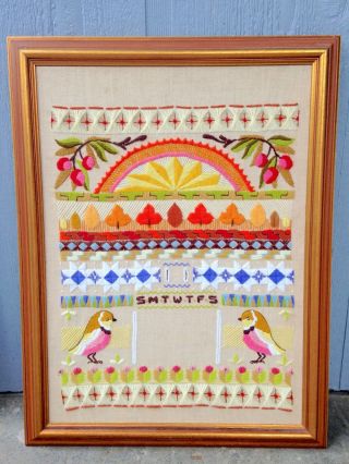 Vtg Framed Completed Crewel Bird Perpetual Calendar Hand Embroidery Sampler