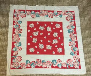 Vintage Cotton Tablecloth Red White Blue Teal Pink Flowers Hawaiian Square 50’s