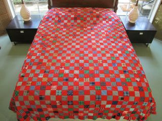 Vintage Hand Pieced Textured Polyester Checkerboard Quilt Top,  Bedspread; Queen