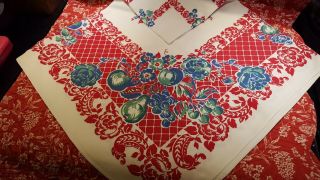 Vintage Tablecloth,  Mid - Weight Cotton,  Bright Red/blue/green On White,  Retro