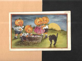 Pumpkin Children Bob For Apples,  Black Cat Spooky Vintage Halloween Postcard