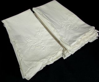 Embroidered White Linen Napkins,  Set Of 12,  16 Inches Square
