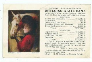 Artesian,  Sd South Dakota 1909 Advertising Postcard,  Artesian State Bank