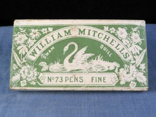 Antique Dip Pen Nib Box Plume Pluma Feder Mitchells No73 Swan Quill Barrel Nibs