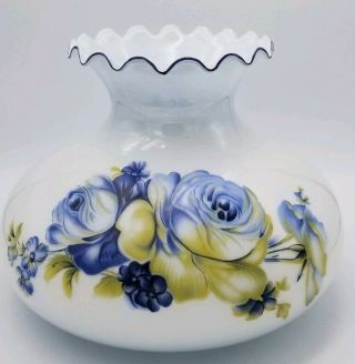 Vintage Milk Glass Lamp Shade Hurricane Oil Hand Painted 7 " Fitter Floral Blue
