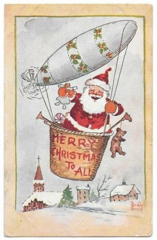 Christmas Dirigible Santa With Toys Bear Vintage Postcard Artist Signed Beaty