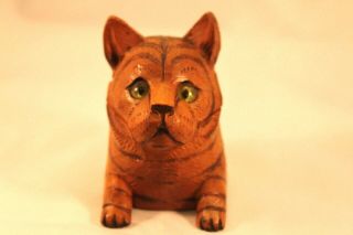 Antique Black Forest Swiss Carved Cat Inkwell Glass Eyes