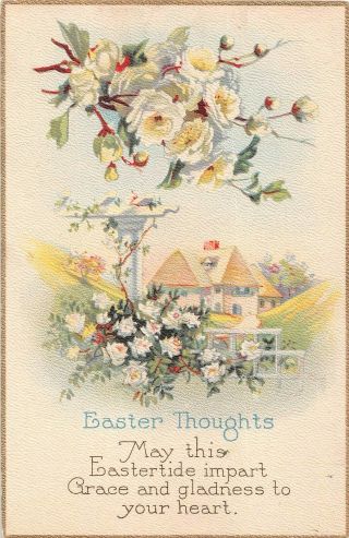 1928 Art Deco Easter Motto Postcard Of White Roses In A Rural Home Scene - 1169 C