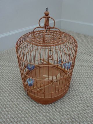 Antique Chinese Bamboo Wood Bird Cage,  4 Porcelain Feeders