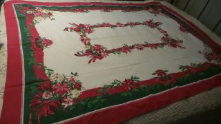 Vintage Christmas Tablecloth,  Shades Of Red Poinsettia Floral,  Green,  Red Border