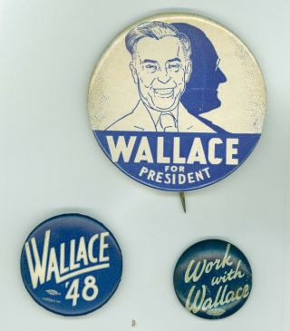 3 Vintage 1948 President Henry Wallace Political Campaign Pinback Buttons Fdr
