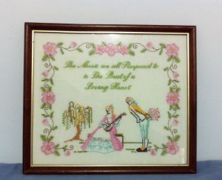 Vintage Framed Cross Stitch Colonial Couple Music The Beat Of A Loving Heart