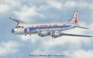 Eastern Air Lines Modern Dc - 4 Silverliner Aircraft Advertising Postcard