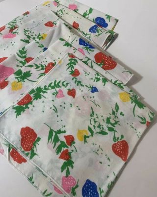 Set Of 12 Vintage Strawberry Cloth Napkins Multicolor Red Yellow Blue Pink