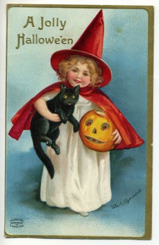 Halloween Clapsaddle Postcard Embossed Witch With Black Cat And Jack O 