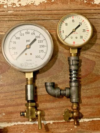 Two Vintage Brass Pressure Gauge Gauges,  Air,  Steampunk,  Lamp Parts,  Antique