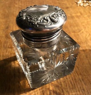 Antique Sterling Ink Well Crystal Zipper Cut