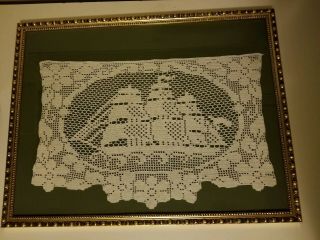 Old Doilies Vintage Ship Crocheted Antique Picture Frame