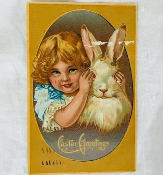 Antique Embossed Victorian Easter Postcard - Girl With Bunny Rabbit - 1909