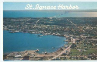 St Ignace Harbor Michigan Aerial View 1950s Chrome Vintage Postcard 26496