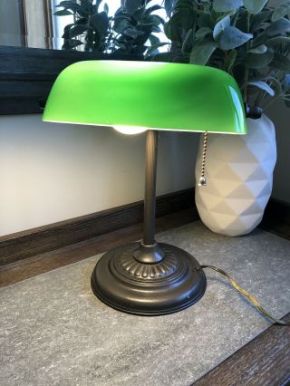 Vintage Brass Bankers Lamp Desk Top Light Green Shade Brown Weighted Base