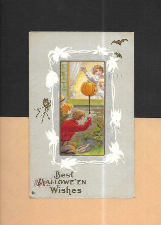 Boys Play Jol Prank On Frightened Girls Spooky Vintage 1916 Halloween Postcard