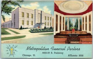 Chicago Ill.  Advertising Linen Postcard Metropolitan Funeral Parlors Linen 1944