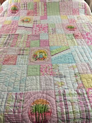 Vintage Pottery Barn Kids Tropical Patchwork Pink Quilt 84 " X 84 "