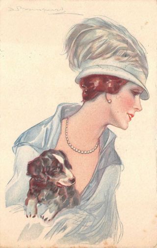 Woman & Dog Glamour Artist Signed Bompard Belgium Military Postcard 1921