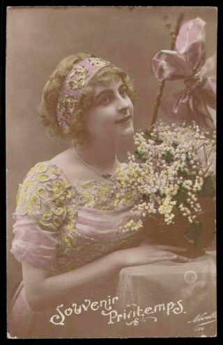 Art Deco 1920s Vintage Photo Postcard Romance Lady Embroid Dress Tiara