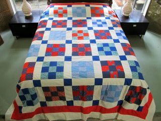 Vintage All Cotton Red White & Blue Nine Patch Quilt Top; 103 " By 89 " ; Good