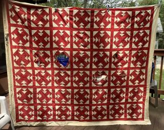 Vintage Patchwork Quilt Top Hand Pieced Red & White Monkey Wrench