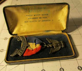 Vintage Bsa Award Boy Scout 1930s Sterling Robbins 3 Eagle Medal W/ Coffin Case