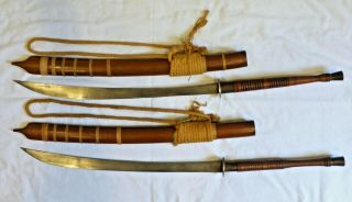 2 Antique Korean Or Thai Siam Daab Swords W/ Wood Handles & Sheaths