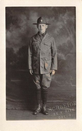 Boy Scout 1925 Rppc Real Photo Postcard Boy In Uniform Columbus Ohio