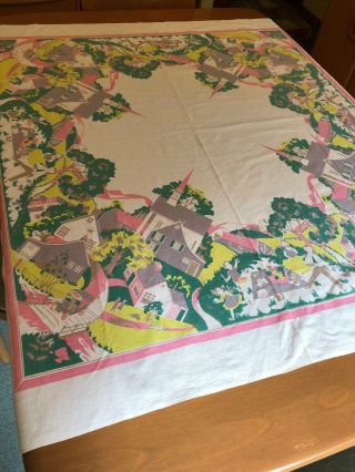 Vintage Wilendur Type Tablecloth 48 " X 46” Village Church Picnic
