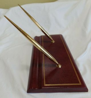 Vintage Double Sheaffer Gold Plated White Dot Tapered Ink Pens Leather Desk Set