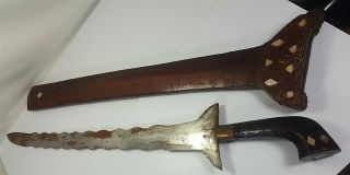 Antique Philippine Moro Kris Kalis Curved Blade Sword With Inlaid Wood Scabbard