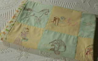 Vintage Baby Doll Crib Cotton Quilt Hand Made Embroidered 38x45 " Animals Kitties