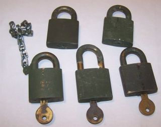 5 Vintage American Us Military Solid Brass Lock Padlock & Key All Use Same Key