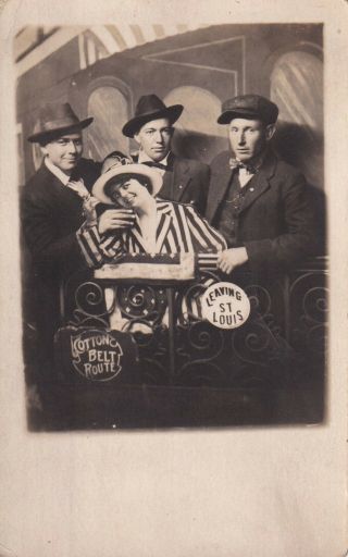 Vintage Arcade Rppc: Men In Hats,  Leaving St.  Louis,  Mo.  Cotton Belt Route - Train