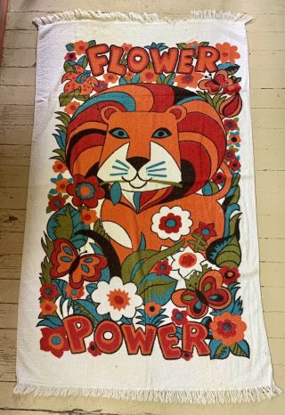 Vtg 1960s 1970s Flower Power Beach Towel Cannon Hippie Psychedelic Lion