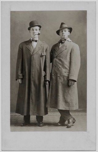 Old Photo Postcard 2 Men Smoking Pipes Wearing Coats Hats Bow Tie Azo Rppc 1910s