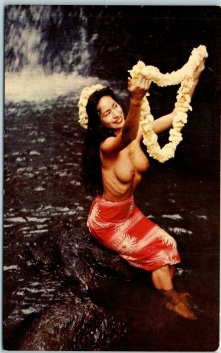Hawaii Postcard " A Lovely South Sea Island Maiden " Topless Girl W/ Lei C1960s