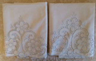 Vintage Hand Embroidered Cut Work Pillowcases Set Of Two
