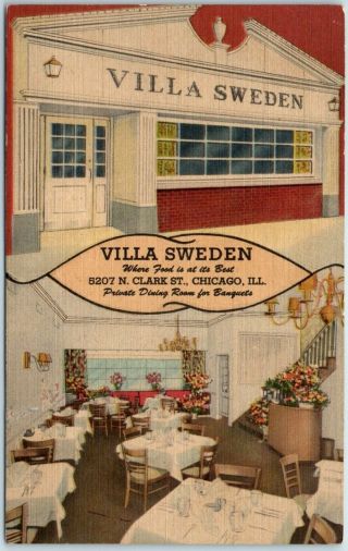 Chicago Il Postcard Villa Sweden Smorgasbord Restaurant 5207 N Clark St Linen