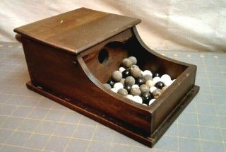 Antique Wooden Masonic Ballot Voting Box with Old White Black and Wood Marbles 2